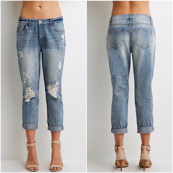 Forever 21 Denim - Forever 21 Blue Distressed Crochet Boyfriend Jeans